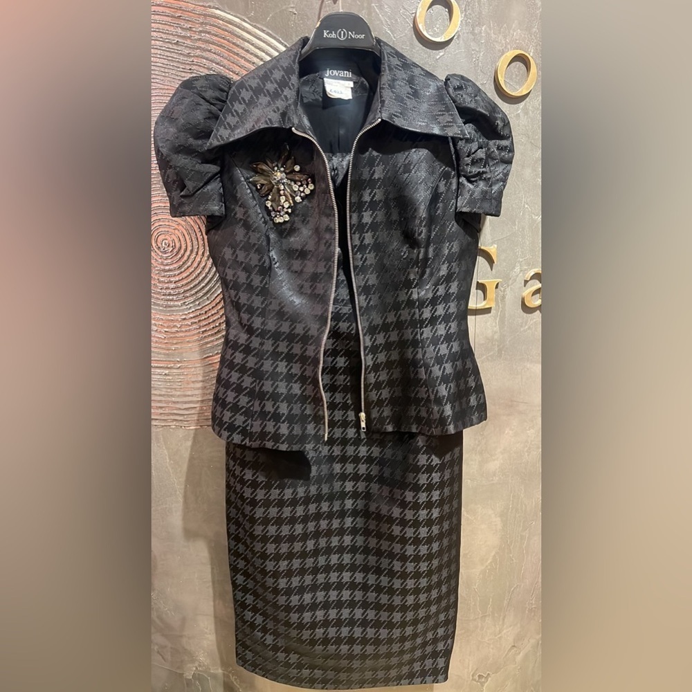 Holiday ready Jovani Black Houndstooth strapless dress with Embellished Jacket - Picture 3 of 7